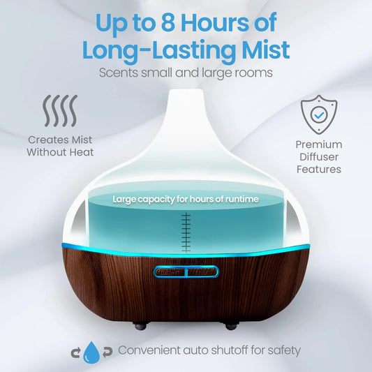 Aromatherapy Diffuser Essential Oil Set - 10 Essential Oils, 7 Ambient Lights, Timer, Modern Design - Dark Wood