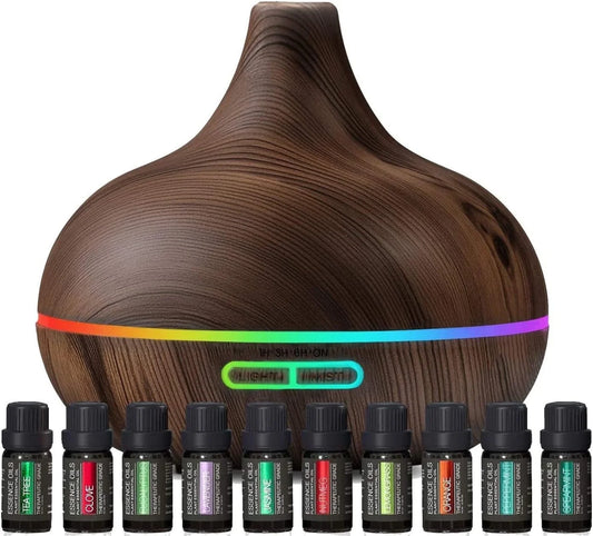 Aromatherapy Diffuser Essential Oil Set - 10 Essential Oils, 7 Ambient Lights, Timer, Modern Design - Dark Wood